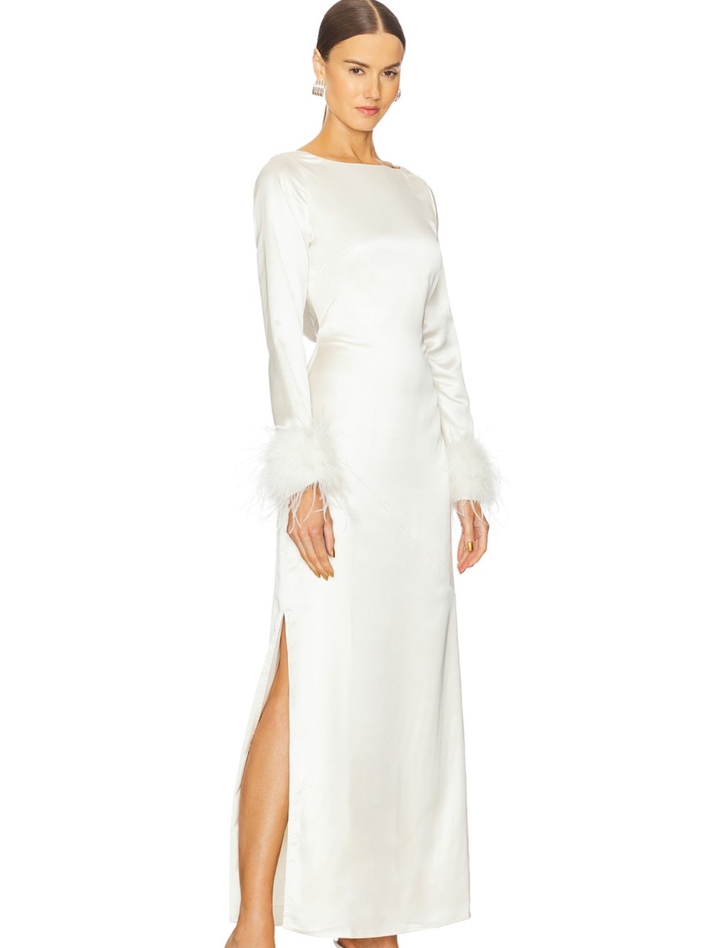 Line & Dot Ivory Satin Long-Sleeve Maxi Dress with Feather Cuffs